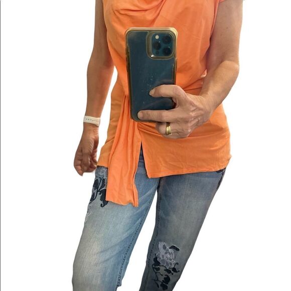 CACHE Orange Short sleeves drop neck waist ruched details rayon blouse Size S - Picture 7 of 14